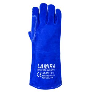 Guante de Carnaza para Soldador con Hilo de Kevlar, Forro de Algodón y Refuerzo en Palma y Puño Lamira AS-3525 Azul (par)